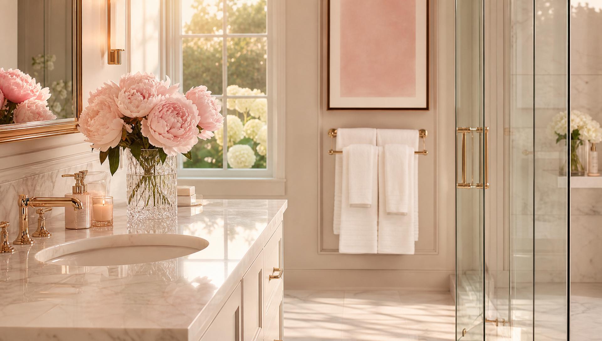 A pristine luxury bathroom with gleaming marble surfaces, gold fixtures, and soft pink peonies bathed in warm sunlight